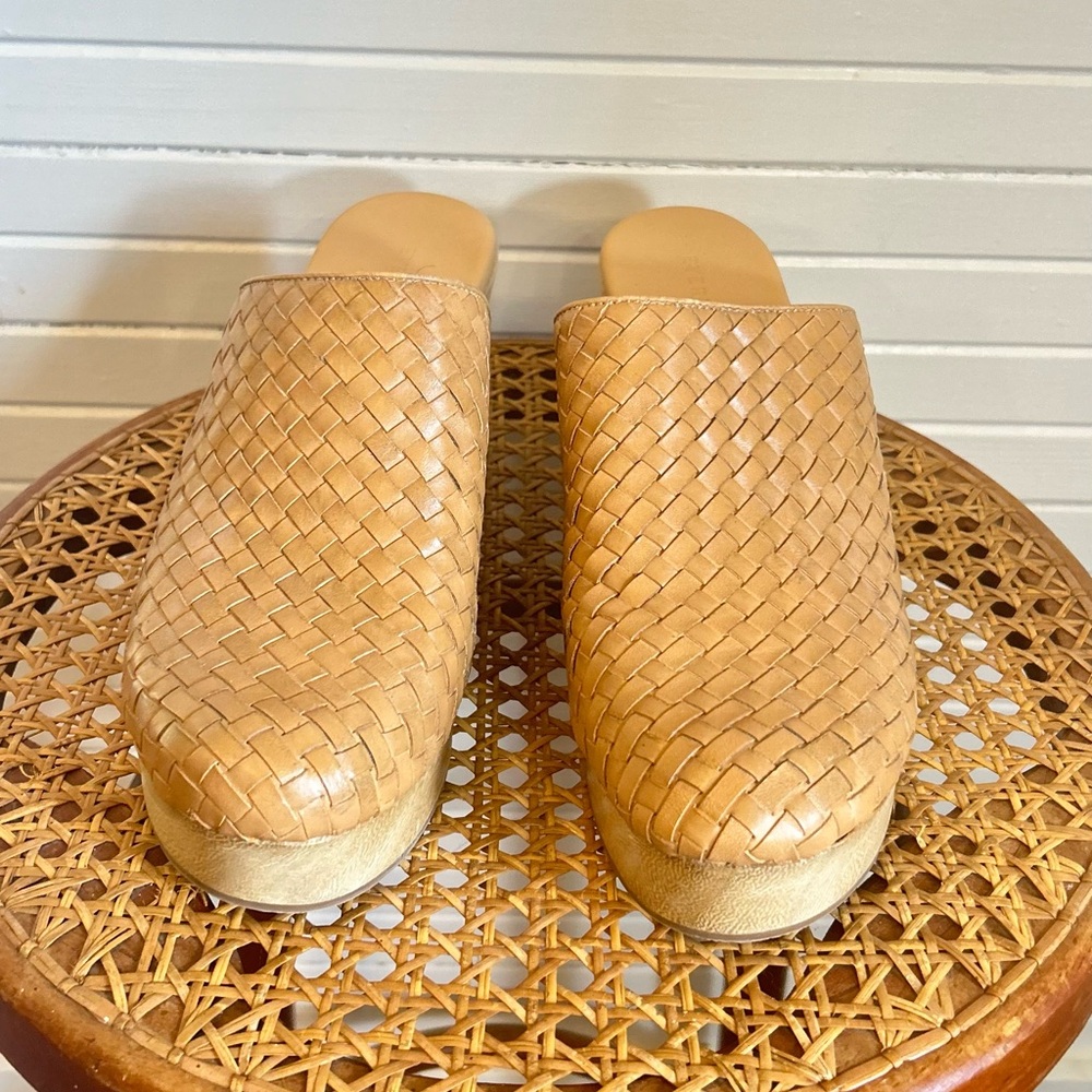 Woven Tan Leather Clogs with wooden wedge heel